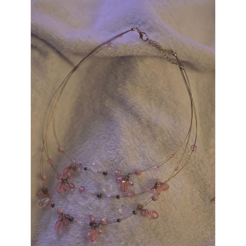 Womens Multi Strand Pink Floating Bead Illusion Necklace Gold Tone Wire Dainty
